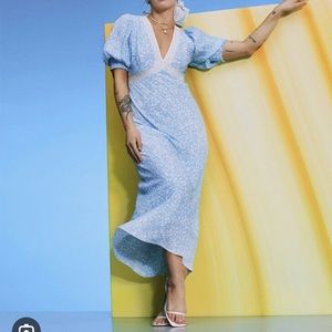 RIXO for Target Floral Puff Sleeve Lace Inset Swing Dress in Blue SZ 0 NWT